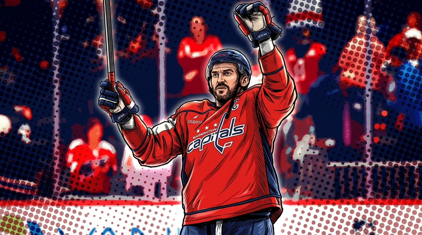 Alex Ovechkin waves to the Capitals crowd in comic-book style art, marking his final NHL season announcement — Swipe Sports