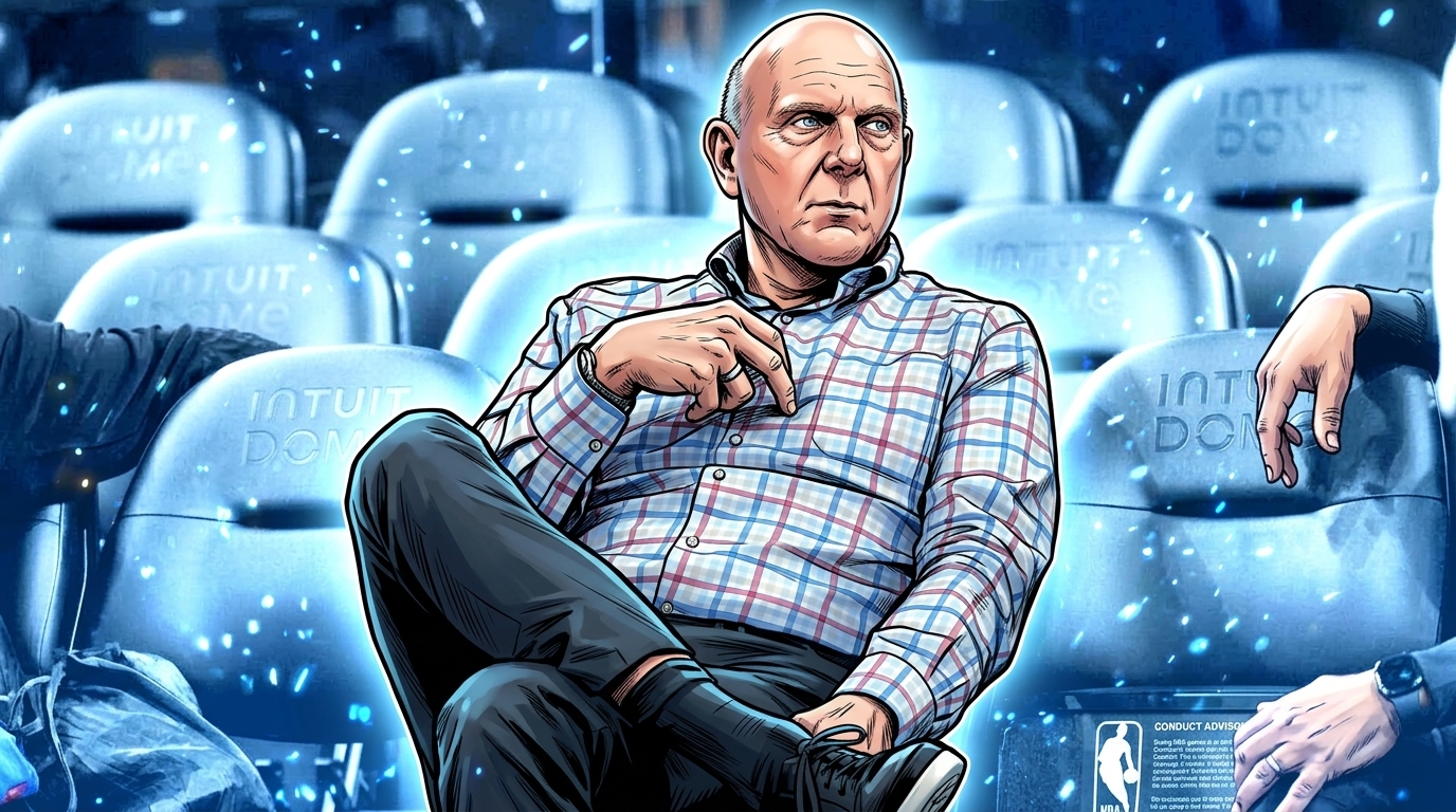 Comic-style illustration of Steve Ballmer seated courtside at Intuit Dome with a blue particle-field effect in the background