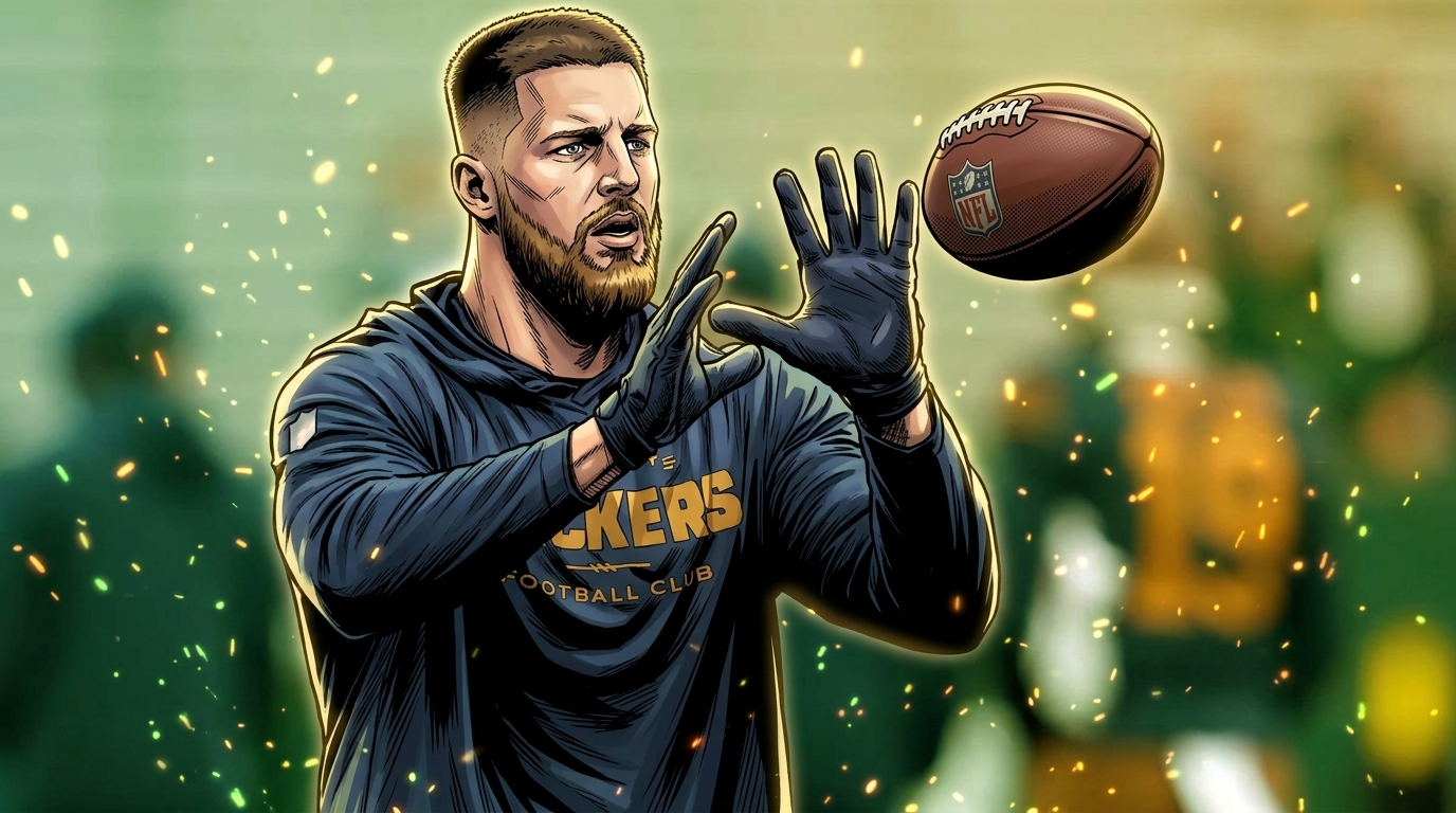 Comic-style illustration of Tucker Kraft catching a football in Packers warmup gear, particle field and floating embers effect over a blurred practice-field background