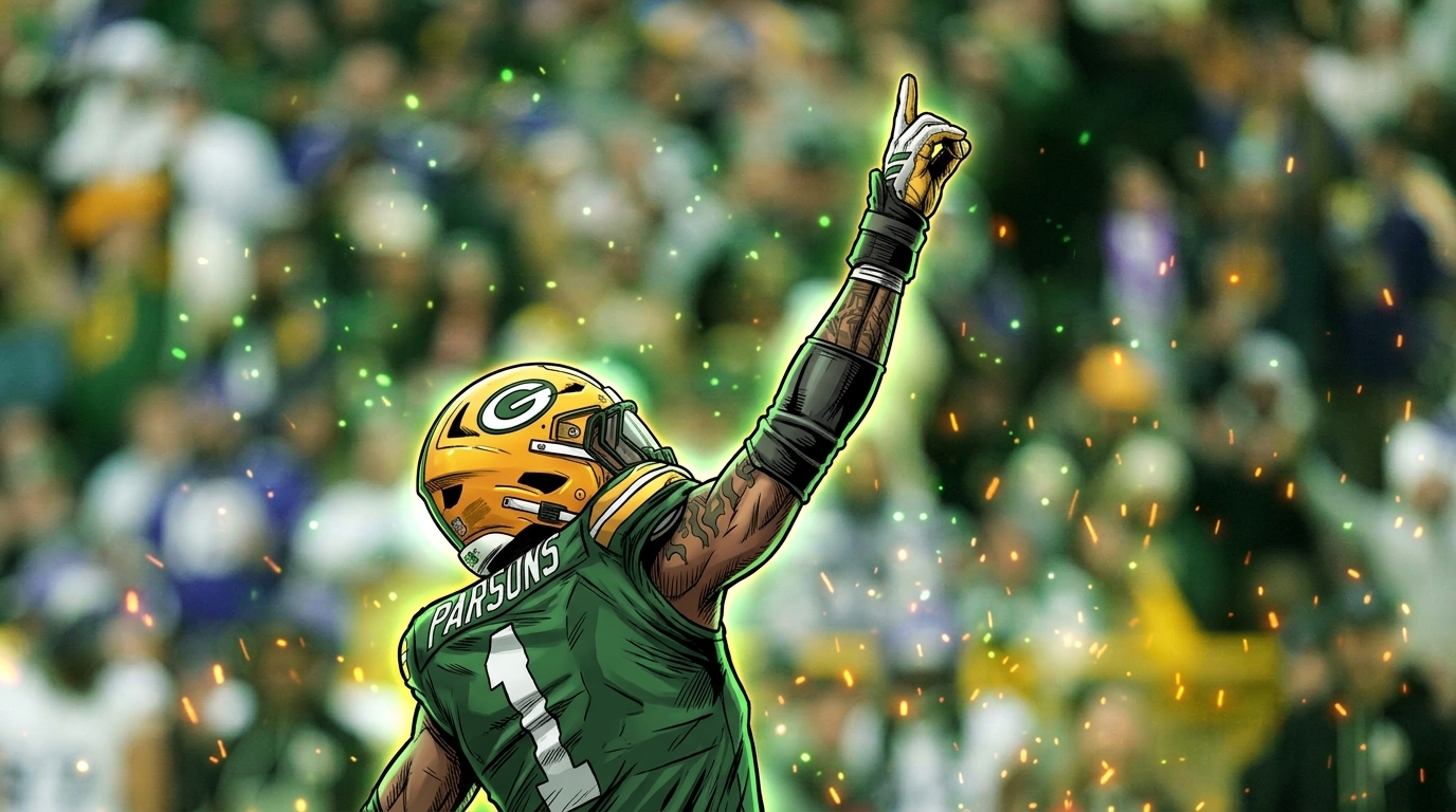 Comic-style illustration of Micah Parsons in a Green Bay Packers jersey, back turned, arm raised in celebration, green and gold particle effects glowing around him against a blurred stadium crowd.