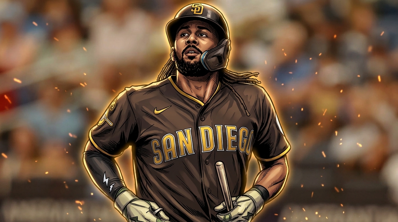Comic-style illustration of Fernando Tatis Jr. in a San Diego Padres road jersey, holding a broken bat, tinted amber with a floating-embers particle effect