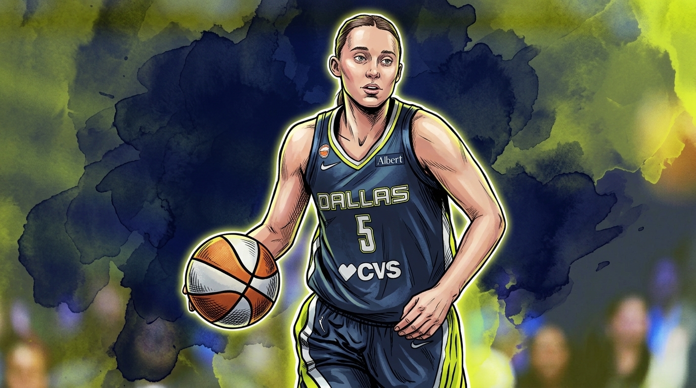 Comic-style illustration of Paige Bueckers dribbling in her Dallas Wings jersey
