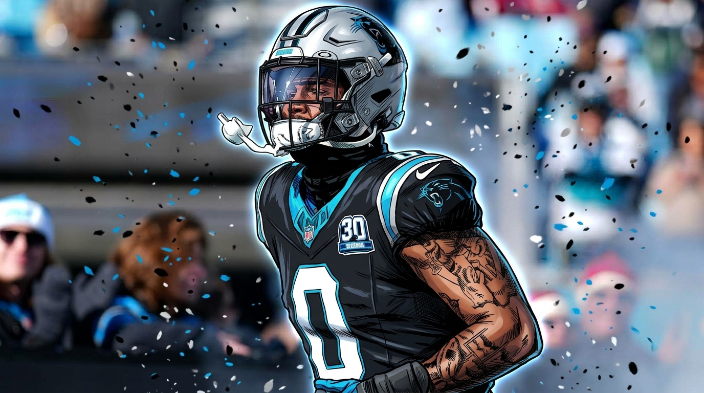 Ja'Tavion Sanders of the Carolina Panthers in comic-book illustration style with a particle field / floating embers effect, Swipe Sports