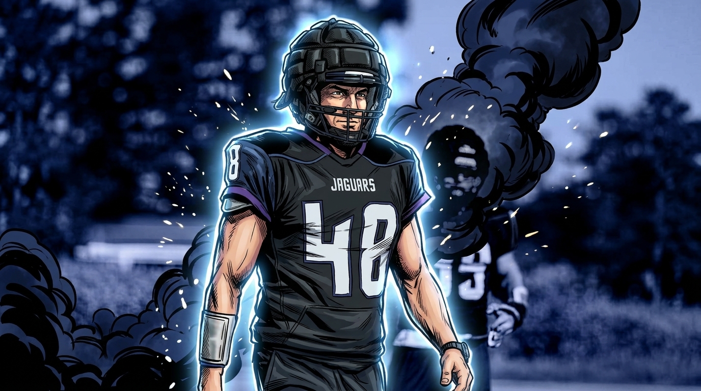 Comic-style illustration of Justin Buzzard in a black San Jose City College Jaguars practice jersey, number 48