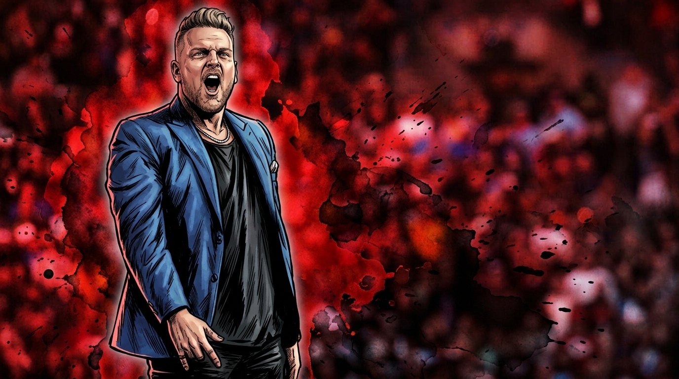 Comic-style illustrated portrait of Pat McAfee shouting mid-reaction in a blue blazer and black shirt, against a red and black ink-wash stadium crowd background.