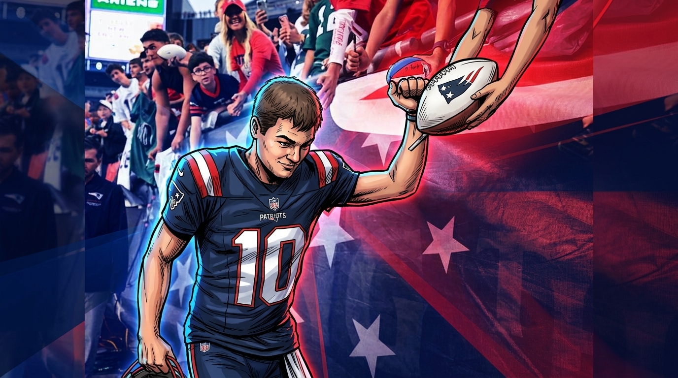 Comic-style illustration of Patriots quarterback Drake Maye in a navy home jersey signing an autograph for fans, bold ink outlines and a red-and-blue geometric light-streak effect over a Gillette Stadium crowd background