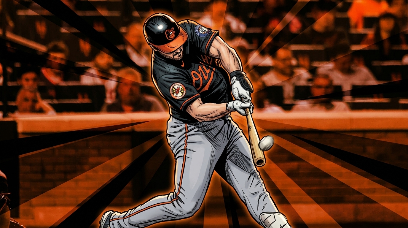 Comic-style illustrated portrait of Pete Alonso mid-swing in an Orioles black alternate jersey with orange cursive script, ink-outline and cel-shaded, with a color-washed blurred Citi Field crowd background and geometric light-streak effect.
