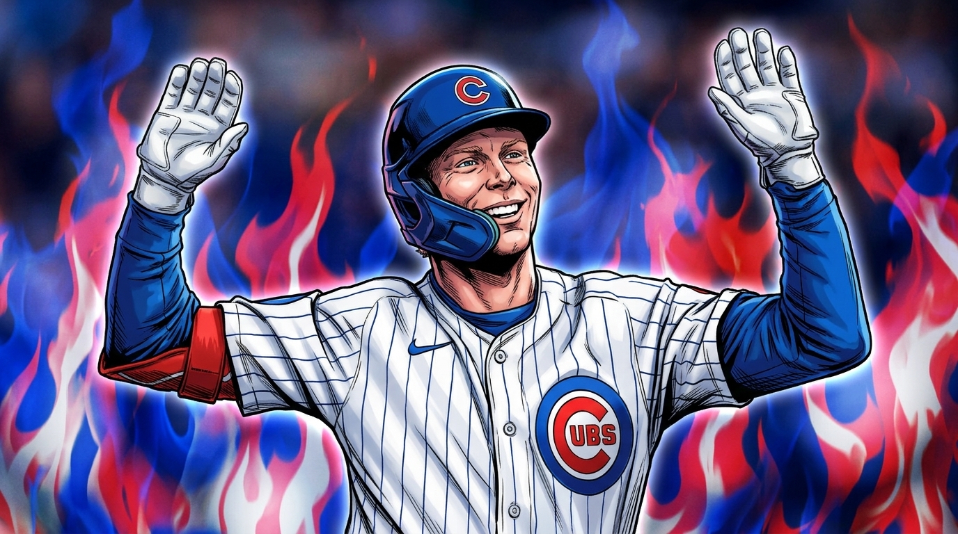 Comic-style illustration of Pete Crow-Armstrong celebrating with both arms raised and a wide smile in a Chicago Cubs home white pinstripe jersey and navy batting helmet, flames effect radiating behind him against a blurred stadium crowd background