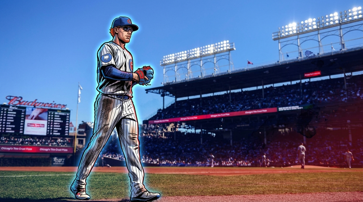 Comic-style illustration of Pete Crow-Armstrong in a Chicago Cubs pinstripe uniform walking on the field at Wrigley Field