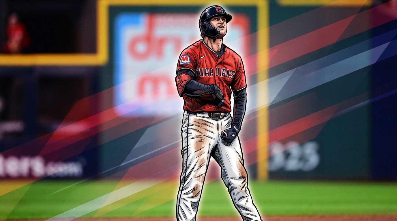 Comic-style illustration of Cleveland Guardians outfielder Petey Halpin standing on base after his go-ahead ALCS Game 3 home run