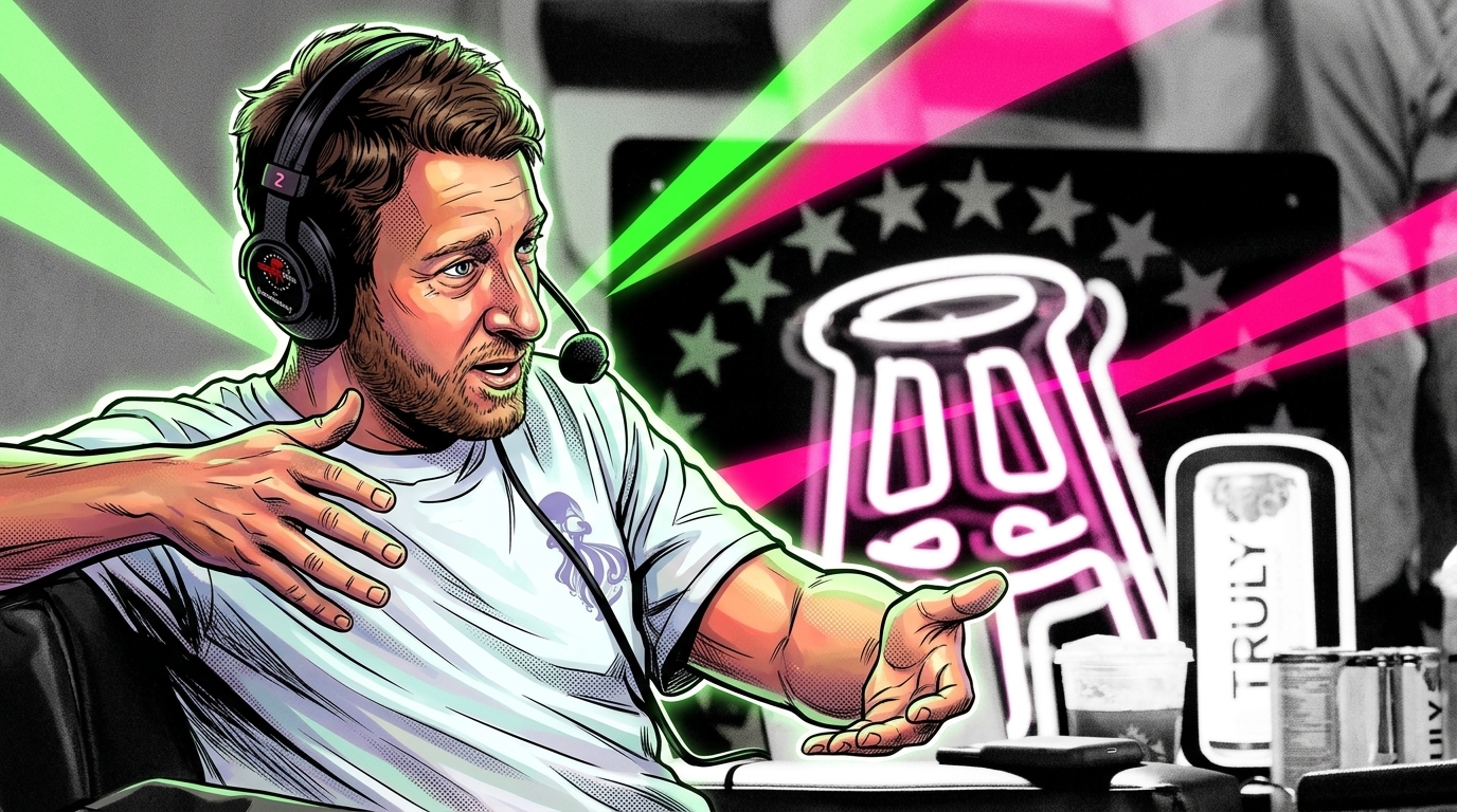 Dave Portnoy in comic style gesturing mid-rant on the Barstool Radio broadcast set, headset and mic on, green and pink geometric light-streak effect over the studio background — Swipe Sports