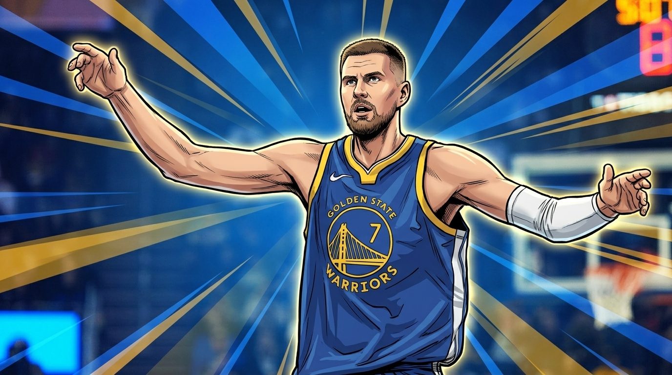 Comic-style illustration of Kristaps Porzingis in a blue Golden State Warriors jersey with arms spread in a questioning gesture, geometric blue and gold light-streak effect over a blurred arena background