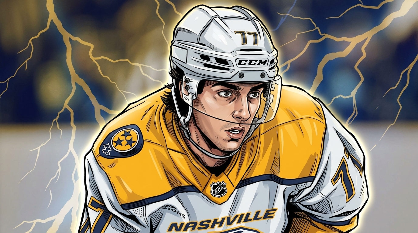 Comic-style illustration of Luke Evangelista in a white Predators No. 77 road jersey, close-up on ice, gold lightning bolts streaking across a blurred rink background
