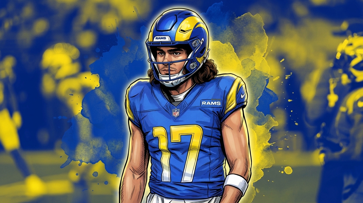 Puka Nacua in Marvel comic book illustration style, Los Angeles Rams jersey, blue and yellow ink-wash watercolor-bleed effect background