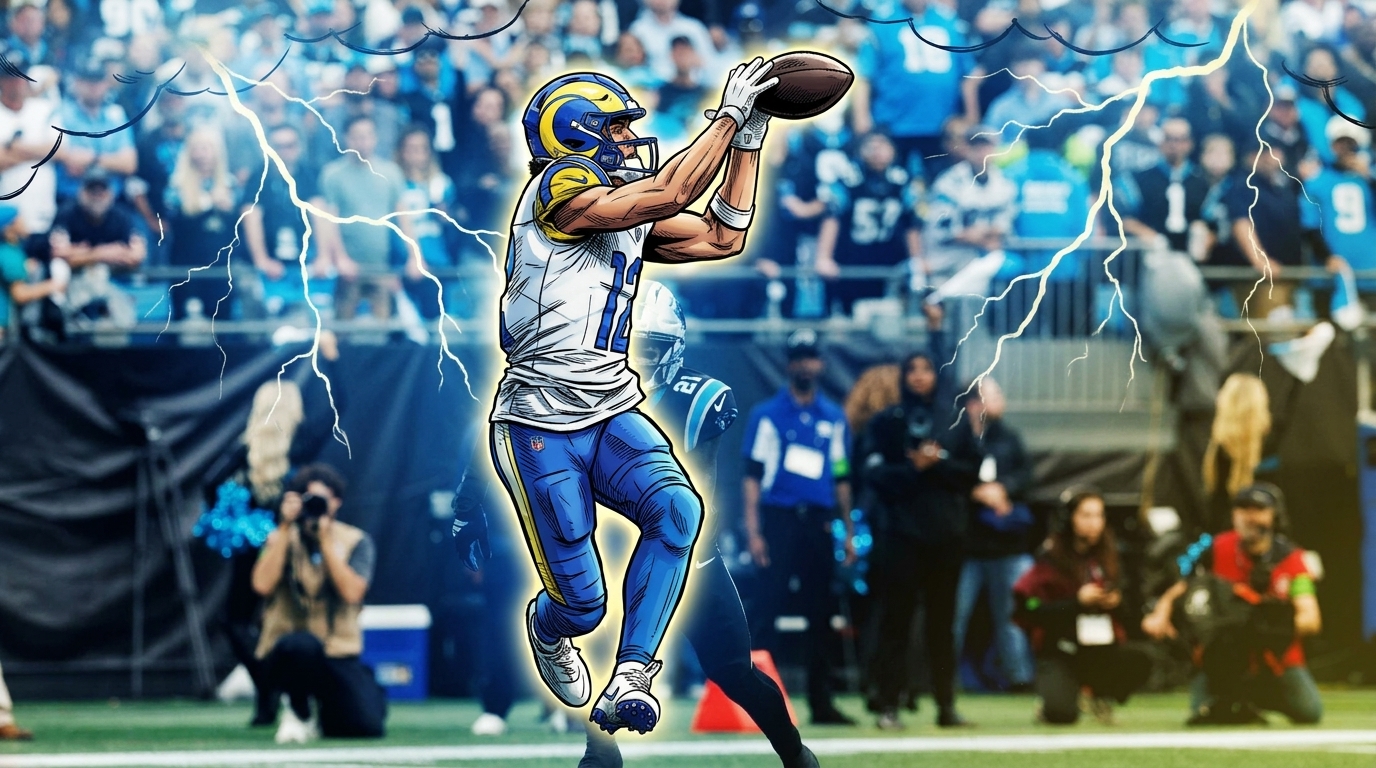 Comic-style illustration of Puka Nacua alone in a white Rams road jersey, leaping to catch a pass, rendered in bold ink outlines with a blue lightning/storm effect