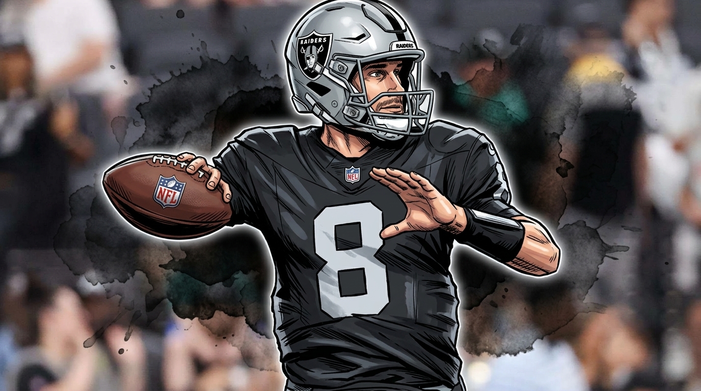 Kirk Cousins of the Las Vegas Raiders in comic book illustration style, mid-throwing motion, black home jersey with white number 8, silver Raiders helmet, ink wash and watercolor bleed effect over a stadium background