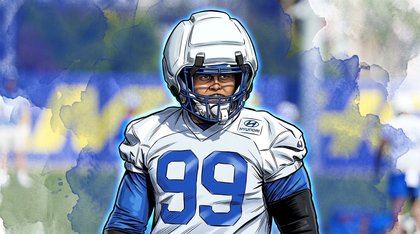 Comic-style illustration of Aaron Donald in a Rams practice jersey with an ink wash effect