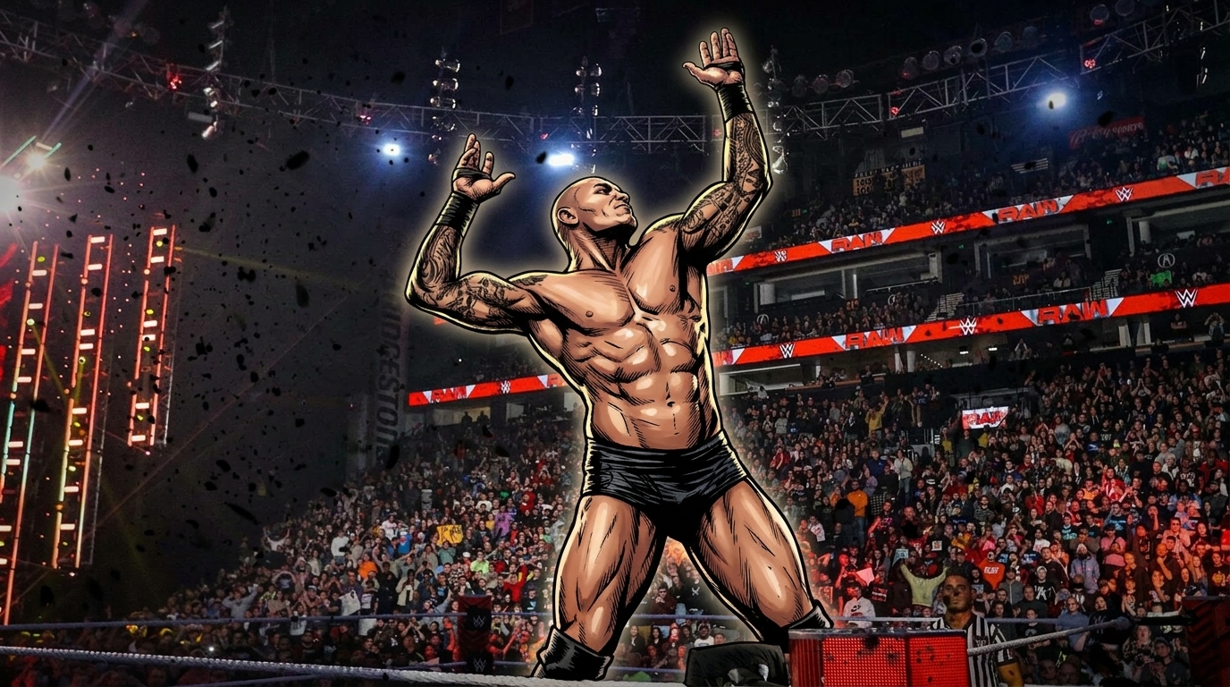Comic-styled illustration of Randy Orton raising his arms in the ring during a WWE entrance