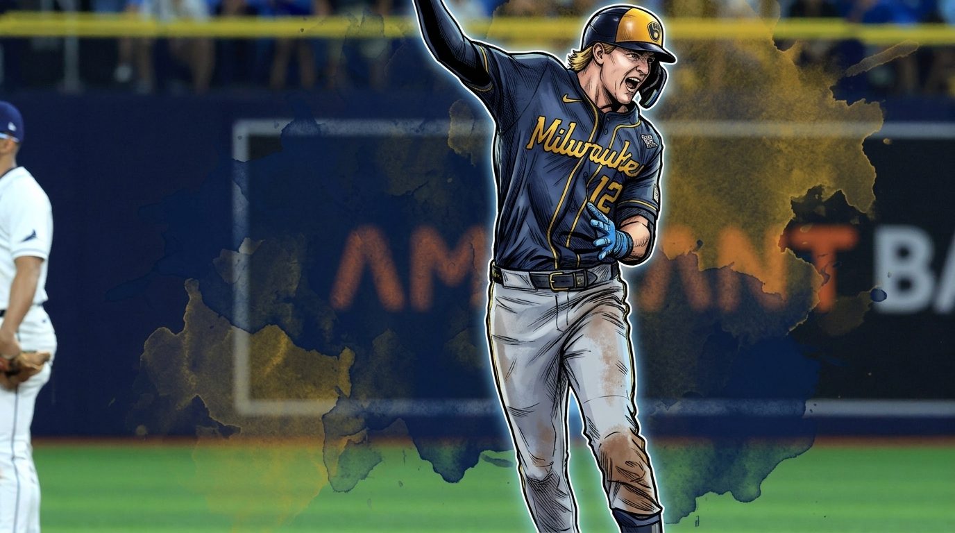 Comic-style illustration of Cooper Pratt in a navy Brewers road jersey with gold Milwaukee script and the number 12, fist raised in celebration, set against a gold and navy ink-wash watercolor effect over a Tropicana Field outfield wall background