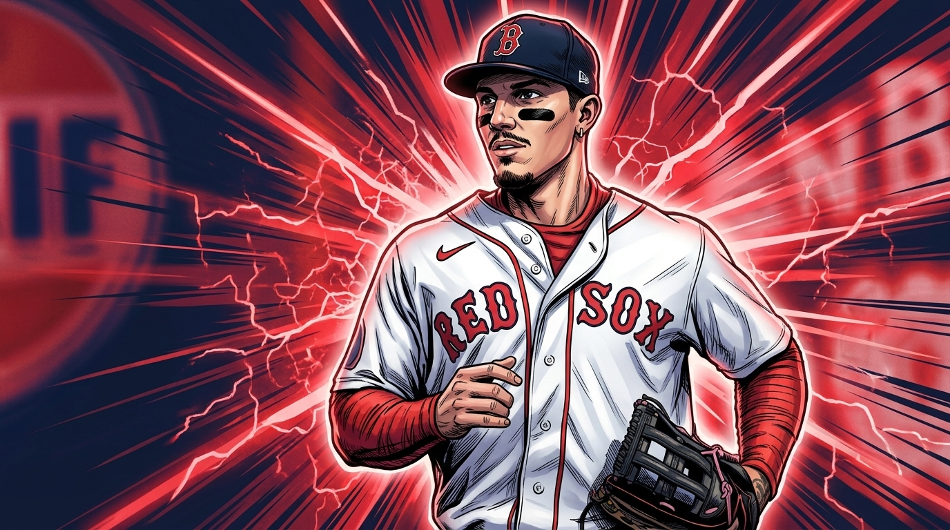 Comic-style illustrated portrait of Jarren Duran in a white Red Sox home jersey and navy cap, jogging with his glove, with a red shockwave effect radiating across the background