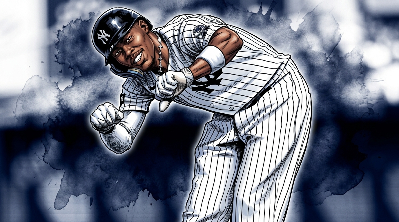 Comic-style illustration of Jazz Chisholm Jr. pumping his fist and smiling in a New York Yankees home white pinstripe jersey and navy batting helmet, ink-wash effect against a blurred stadium background