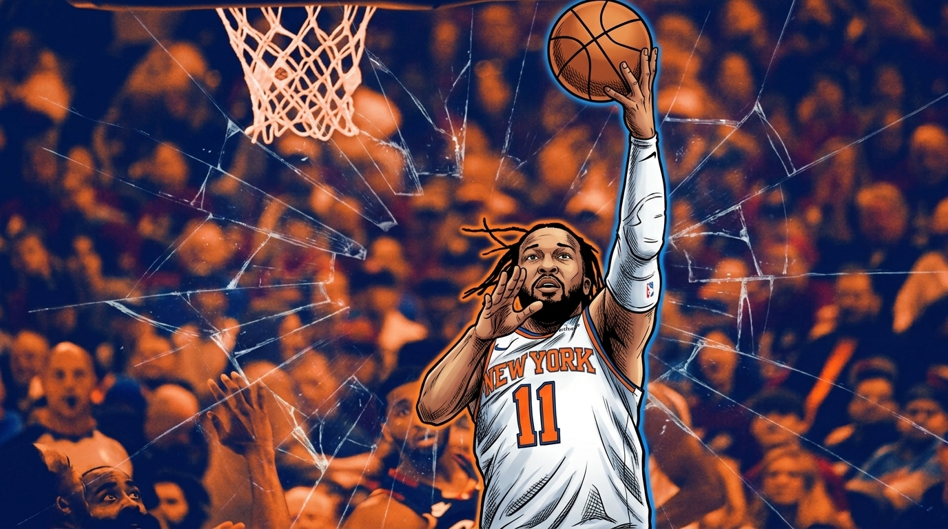 Jalen Brunson going up for a layup in Marvel comic art style with shattered glass effect