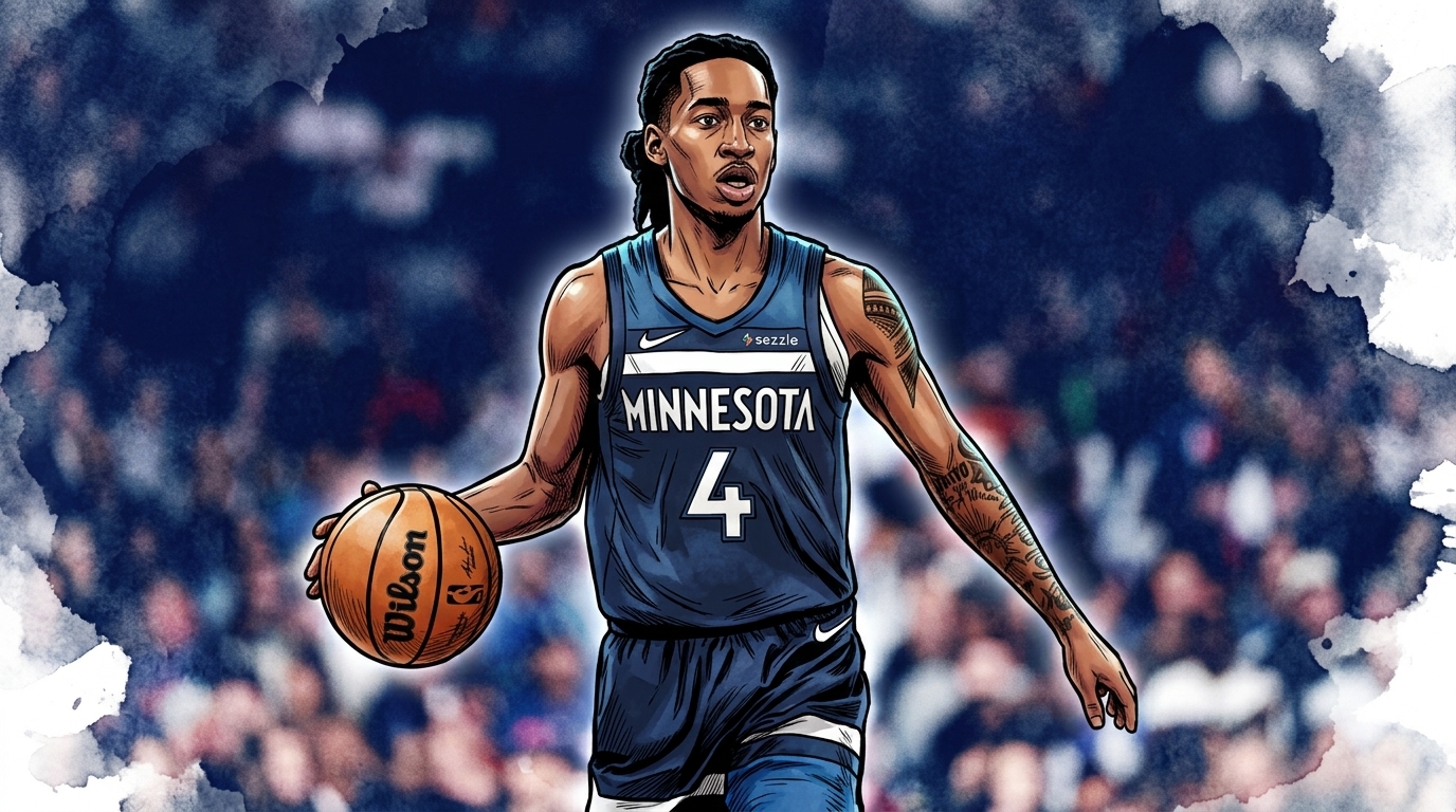 Rob Dillingham, comic-styled with an ink wash and watercolor bleed effect, dribbling in a navy Minnesota jersey over a blurred arena crowd background