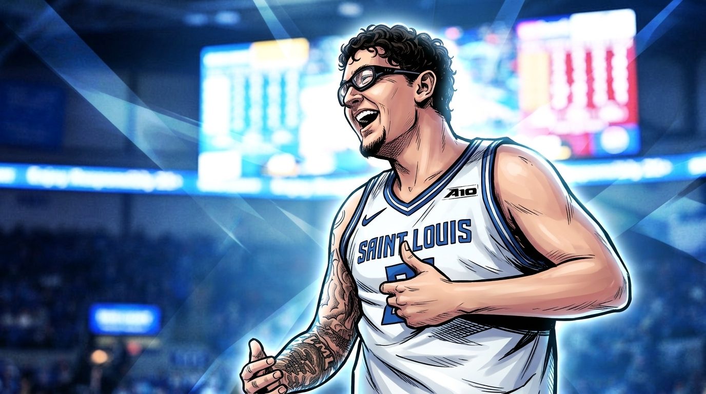 Comic-style illustration of Robbie Avila in a Saint Louis jersey celebrating with a thumbs-up gesture, blue and white geometric light streaks across the Chaifetz Arena background