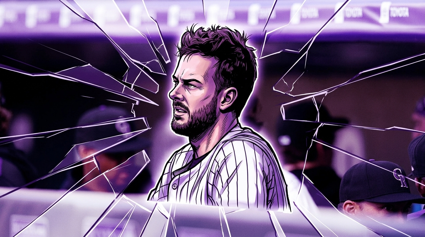 Comic-style illustration of Kris Bryant in a white Rockies pinstripe jersey with a purple shattered-glass effect over a dugout background