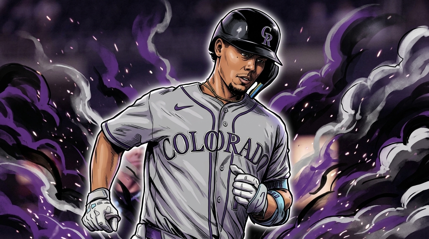 Comic-style illustration of Ezequiel Tovar jogging in a Colorado Rockies grey road jersey and black CR helmet, purple and black smoke-and-sparks effect swirling through the stadium background