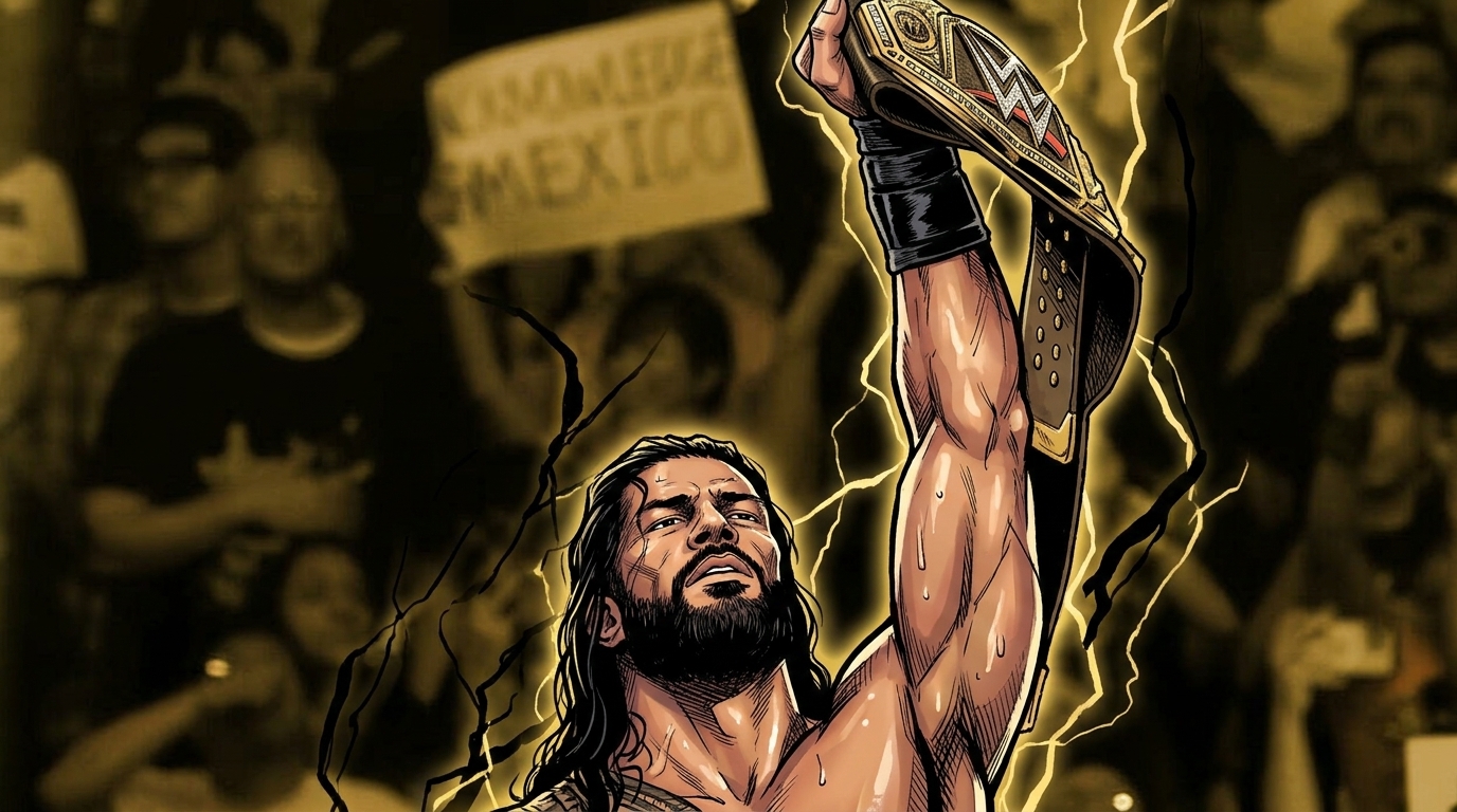 Comic-style illustration of a shirtless, sweat-drenched Roman Reigns raising the WWE World Heavyweight Championship belt overhead with his eyes closed, gold electric-energy lightning crackling around him, a real Mexico City crowd and a fan-held sign visible blurred in the background.