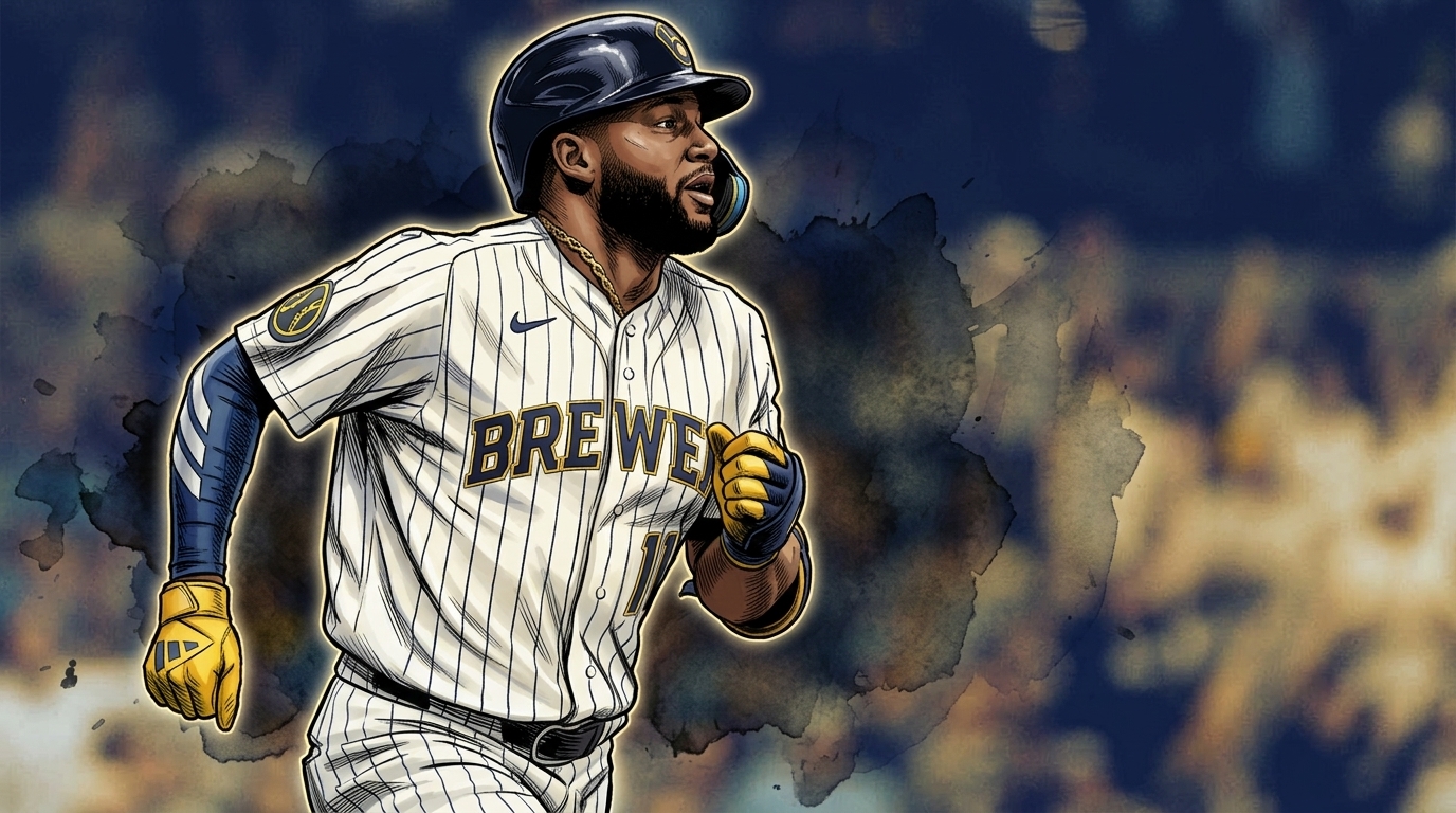 Jackson Chourio of the Milwaukee Brewers in comic book style, running the bases in his home white pinstripe jersey with fist raised, outlined against a navy-and-gold ink wash crowd backdrop