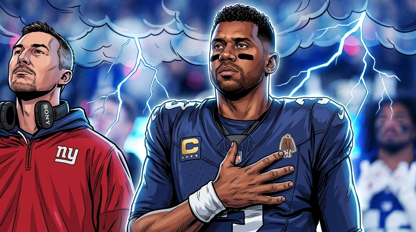 Russell Wilson, comic-styled with a navy storm-and-lightning effect, hand over heart in a Giants jersey beside a Giants coach, referencing his CBS NFL Today debut