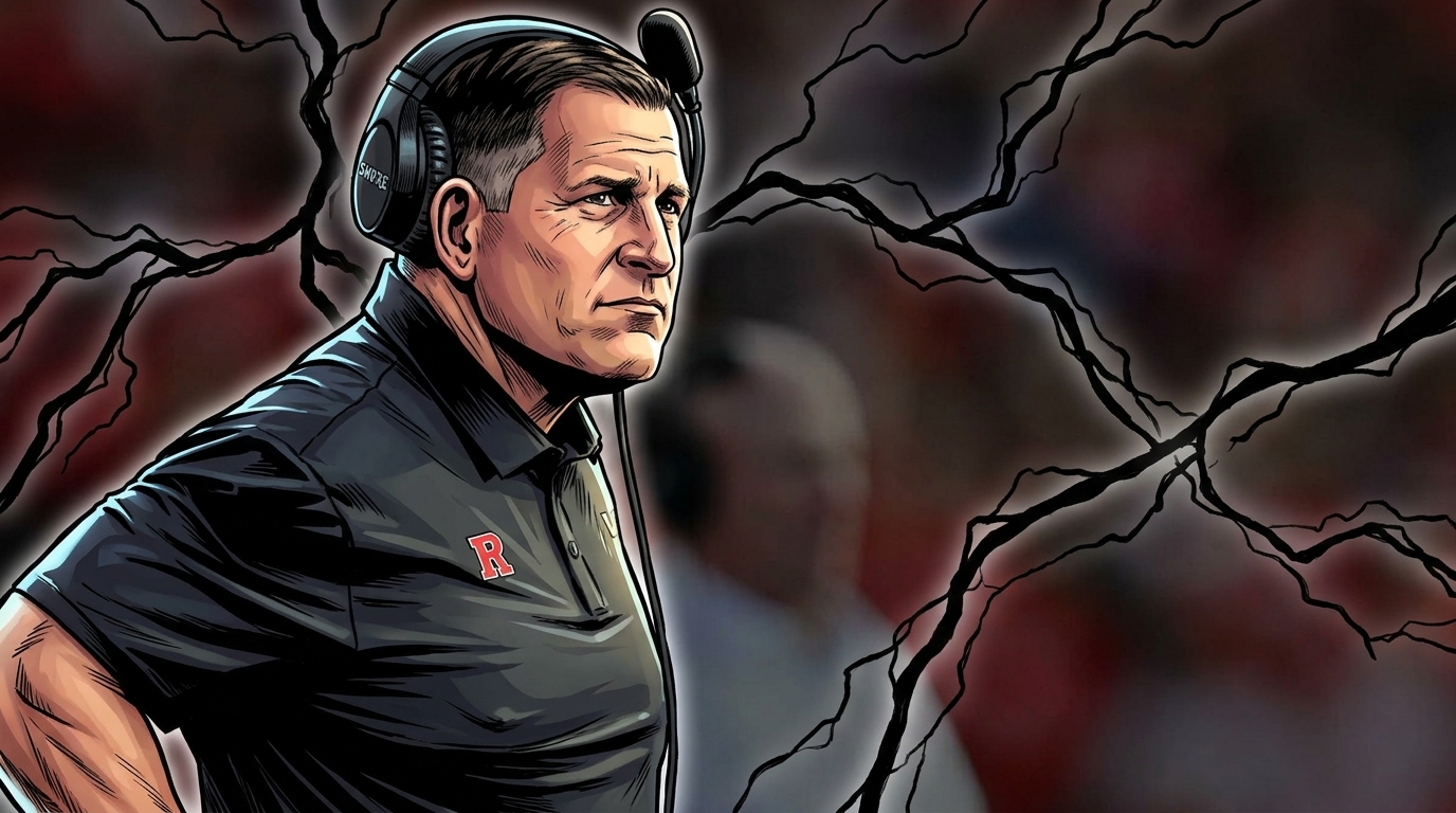 Comic-style illustration of Rutgers coach Greg Schiano on the sideline in a black polo, hand on hip and frowning, with electric lightning tendrils crackling through the stadium background.