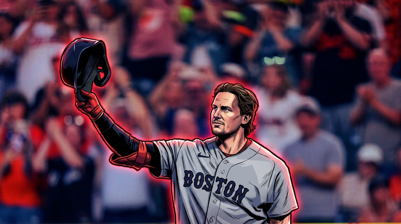 Comic-style illustration of Adley Rutschman alone in a grey Red Sox road uniform, raising his batting helmet to acknowledge a standing ovation from the crowd, rendered in bold ink outlines with a red neon rim glow effect