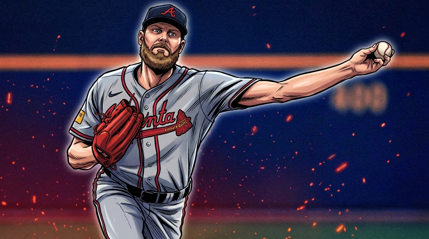 Comic-style illustration of Chris Sale mid-delivery in a grey Braves road jersey, navy and red particle field and floating embers effect over a blurred Truist Park background