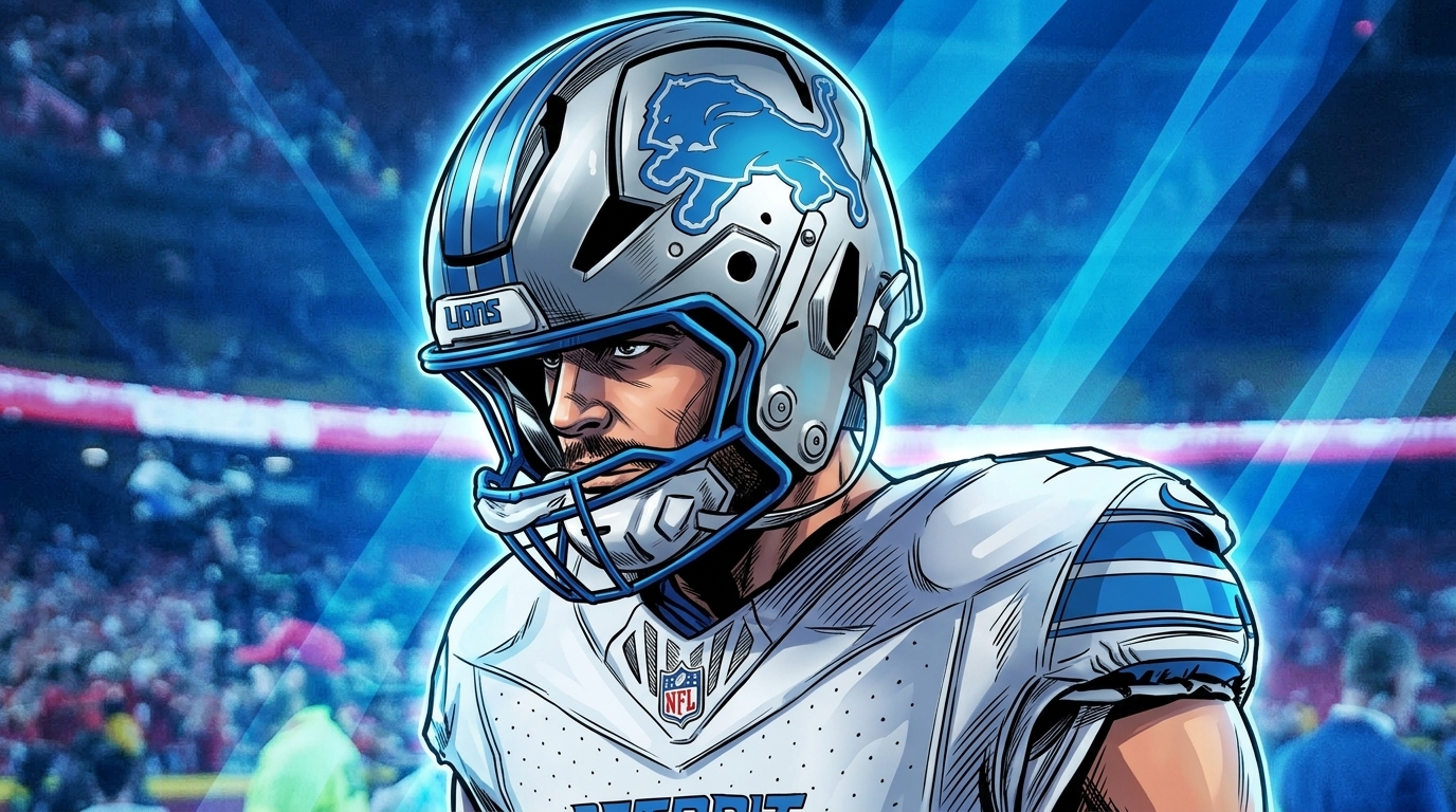 Sam LaPorta of the Detroit Lions in comic book style, close-up in his white road jersey and silver Lions helmet, blue geometric light-streak effect radiating behind him