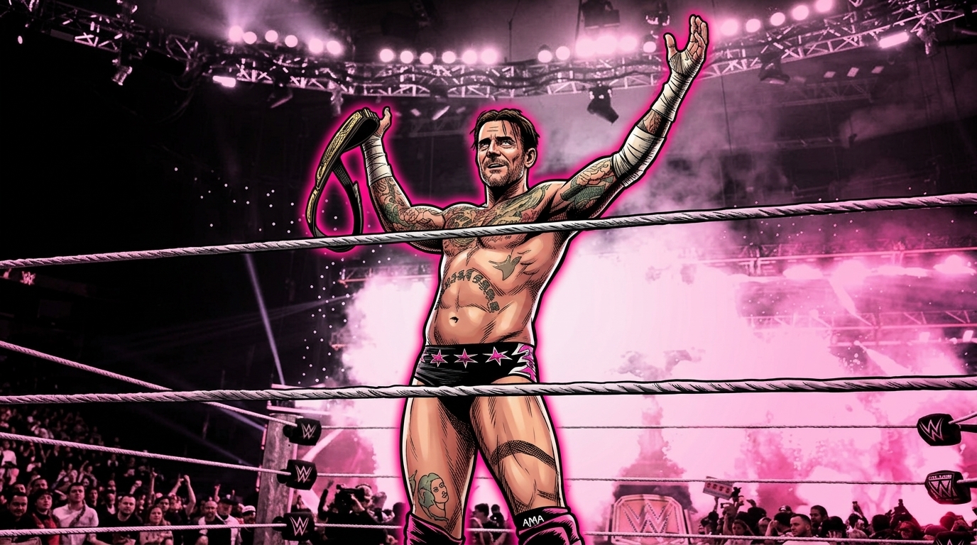 Comic-style illustration of CM Punk raising his arms in the ring holding the WWE Championship belt, black and pink neon rim glow effect over a real arena background