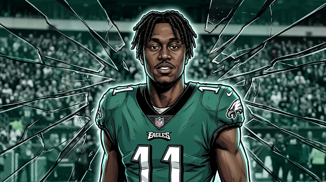Philadelphia Eagles player in team uniform, comic-style illustration