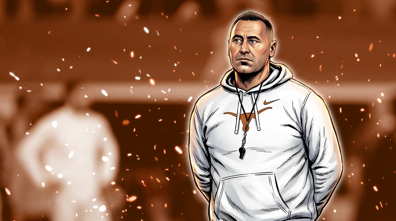Illustrated portrait of Steve Sarkisian in a white Texas Longhorns hoodie on the sideline, rendered with an amber particle effect over a blurred stadium background