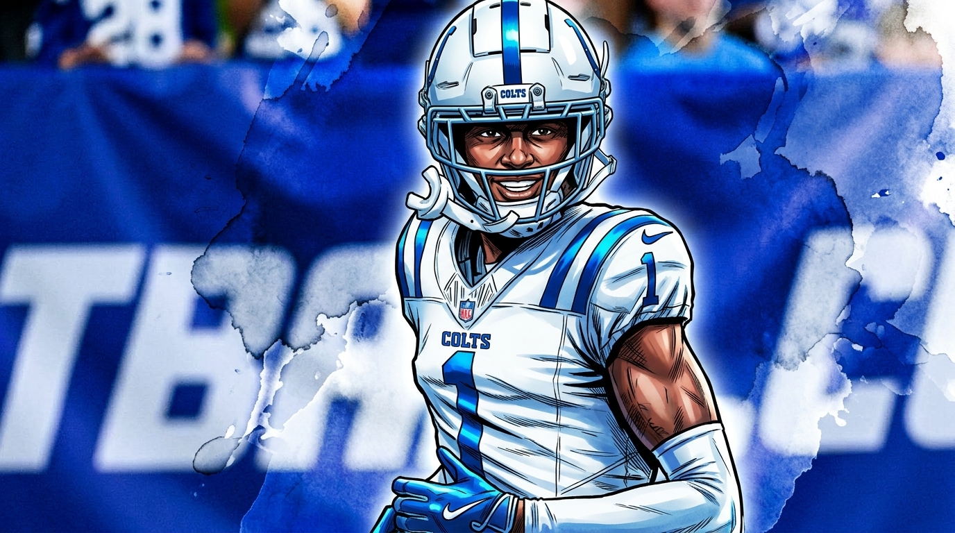 Comic-style illustration of Colts cornerback Sauce Gardner in his white road jersey with ink wash and watercolor bleed effects