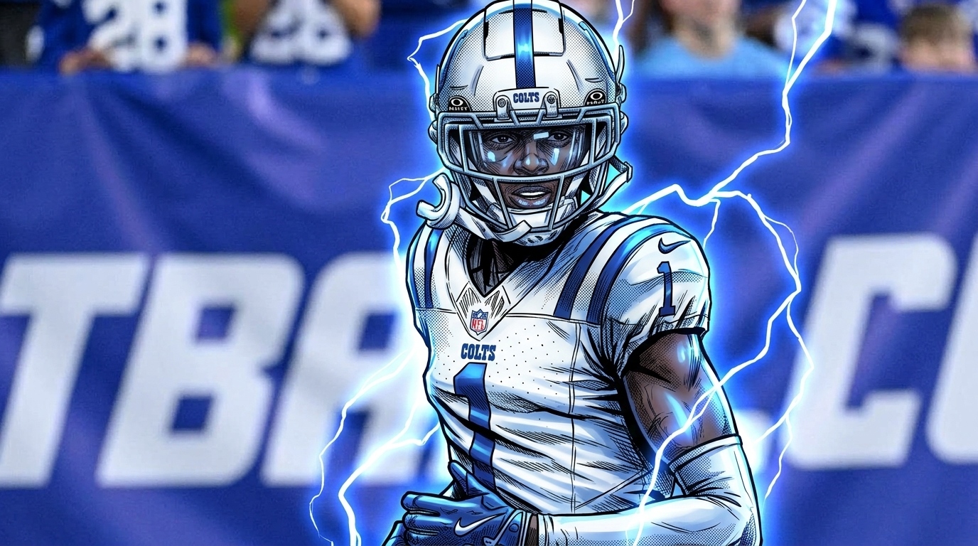 Comic-style illustration of Colts cornerback Sauce Gardner in his white road jersey with electric-energy effects
