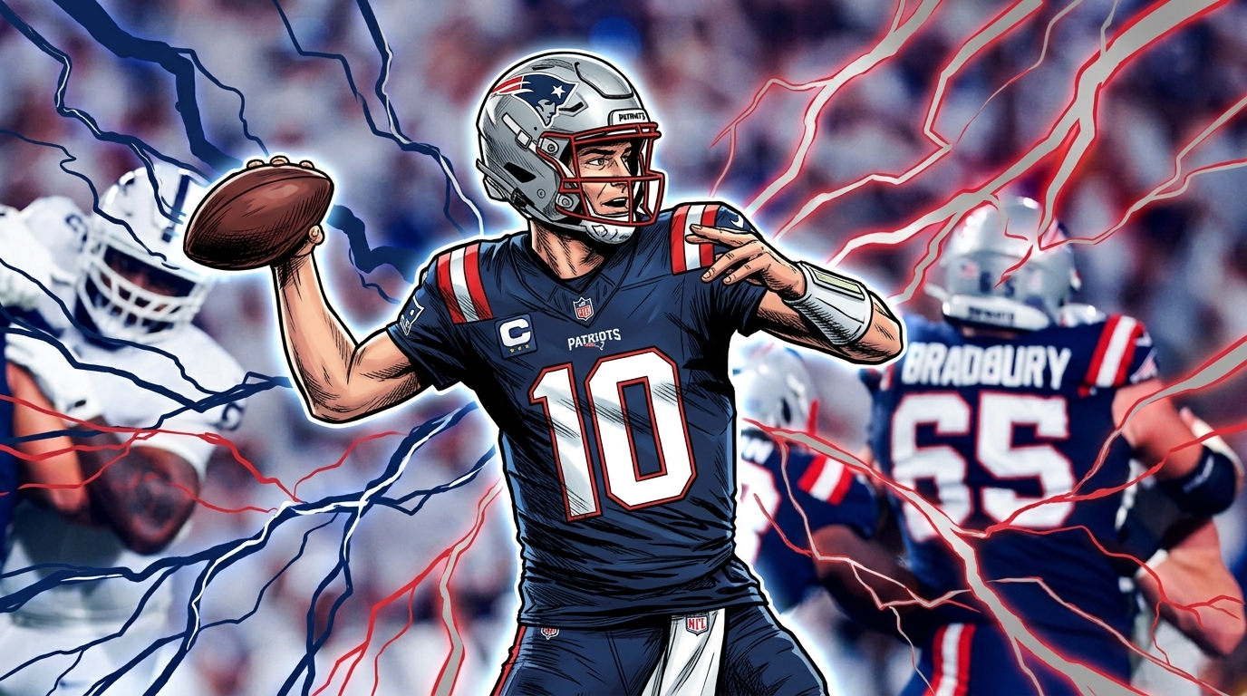 Comic-styled illustration of Patriots quarterback Drake Maye throwing a pass in navy and red, with lightning effects and a blurred stadium crowd in the background