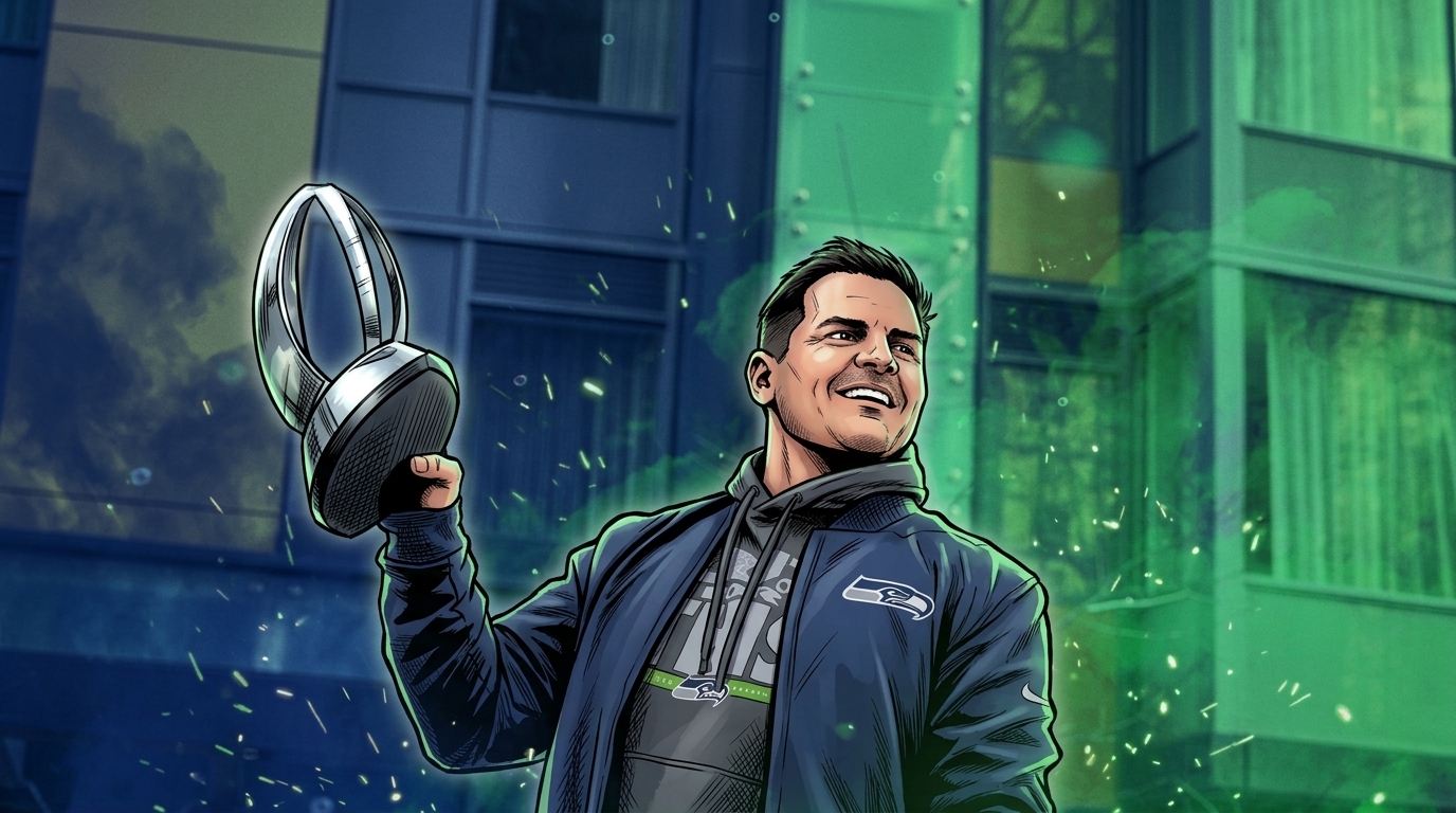 Comic-style illustration of Seahawks head coach Mike Macdonald in a navy jacket holding the Vince Lombardi Trophy aloft, green smoke and sparks effect over a city building background