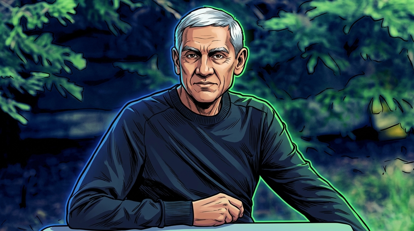 Comic-style illustration of Vinod Khosla in a dark navy sweater seated outdoors in front of evergreen trees, with a green and blue neon rim-light effect