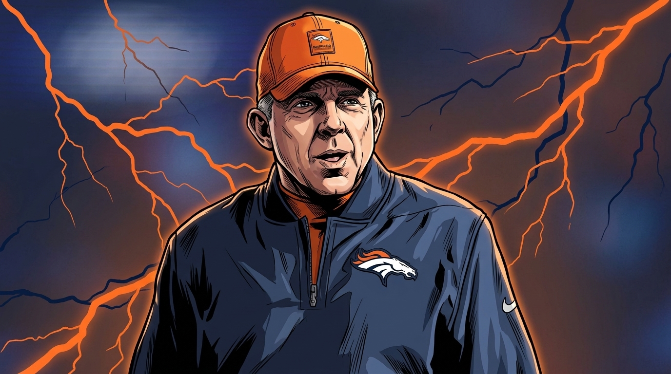 Sean Payton in comic style with storm/lightning effect in a Broncos stadium — Swipe Sports