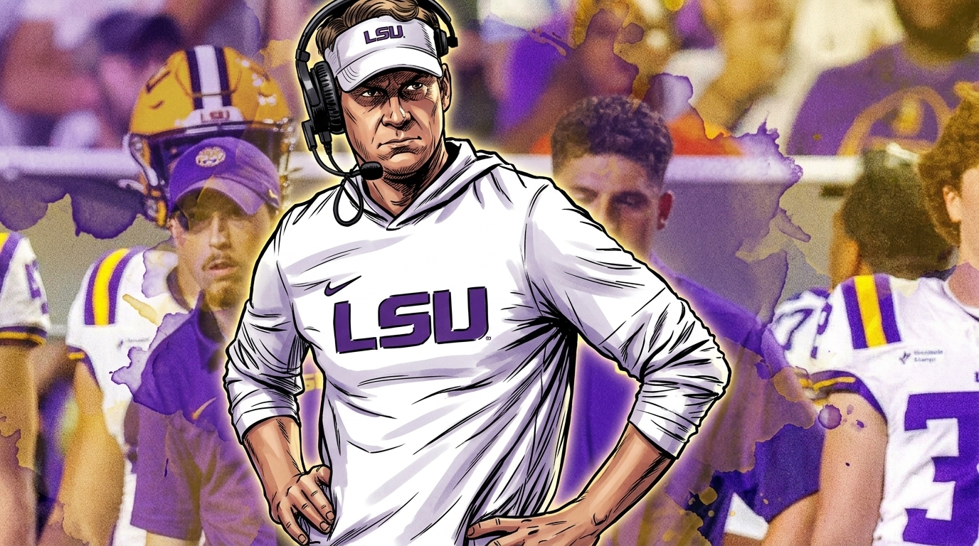 Comic-style illustration of LSU head coach Lane Kiffin in a white LSU hoodie and headset on the sideline, purple and gold ink-wash watercolor bleed effect background