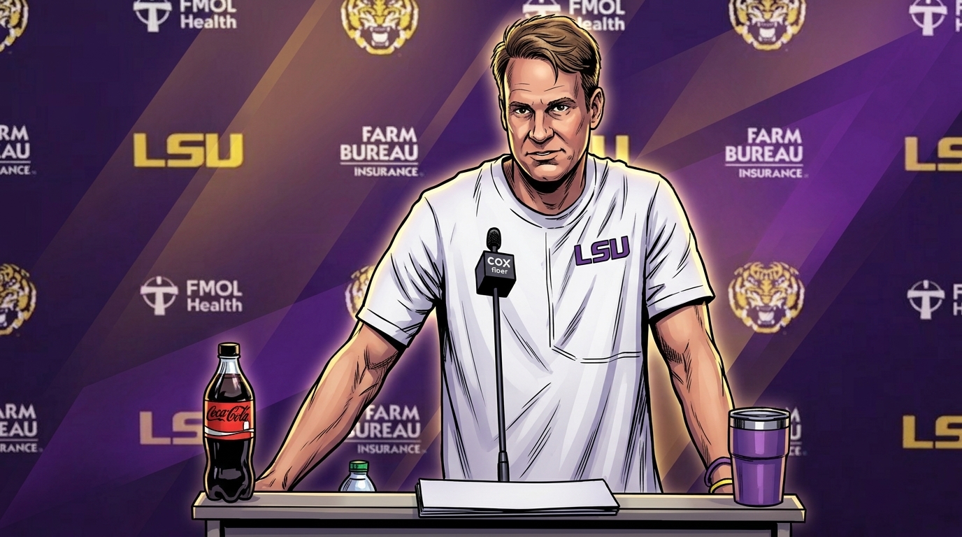 Comic-style illustration of Lane Kiffin at an LSU-branded podium in a white polo with purple LSU wordmark, purple and gold geometric light-streak effect over the press conference backdrop