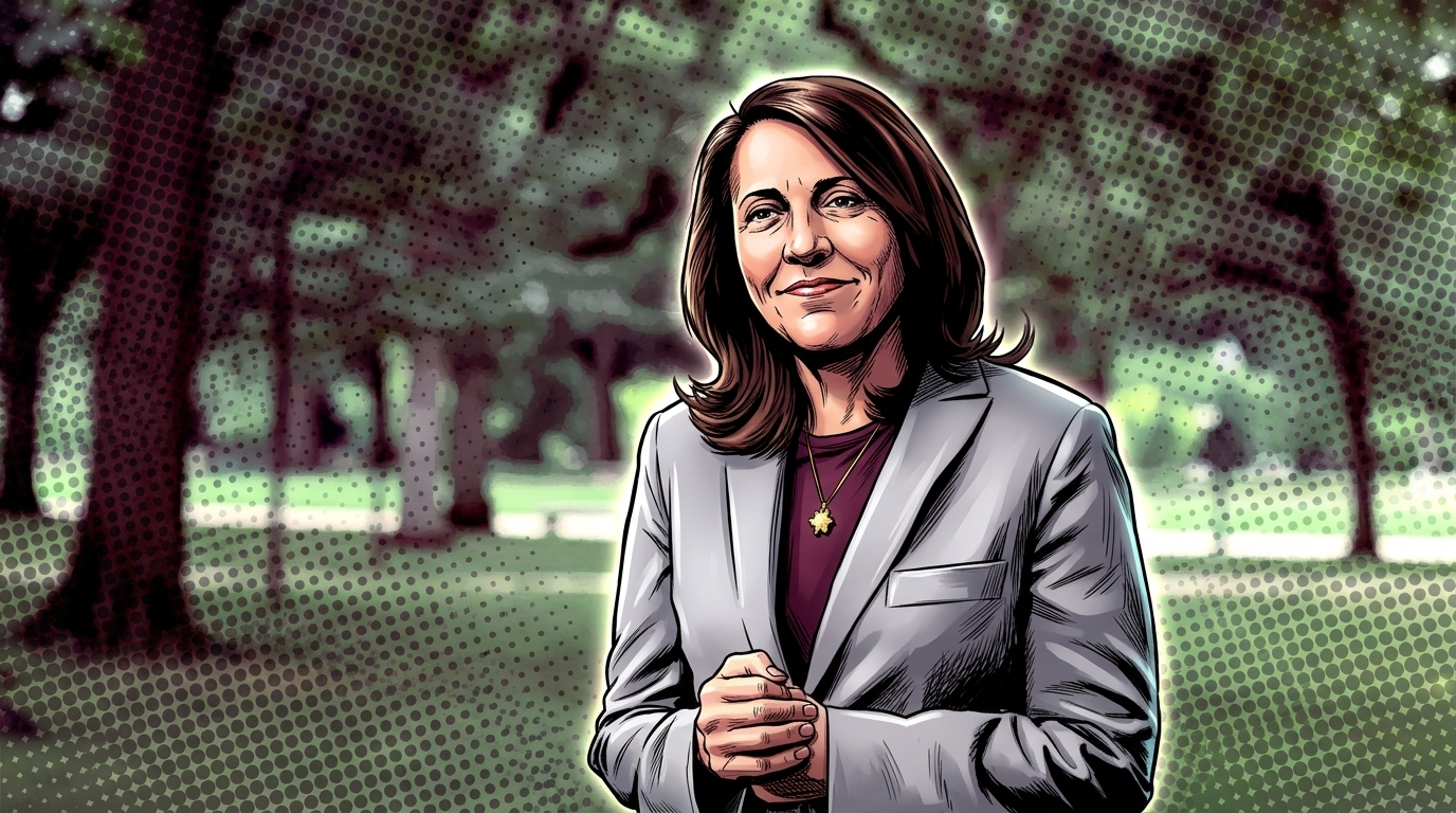 Comic-style illustration of Sen. Maria Cantwell in a gray blazer, standing in an outdoor park with a halftone-dot color effect over the background