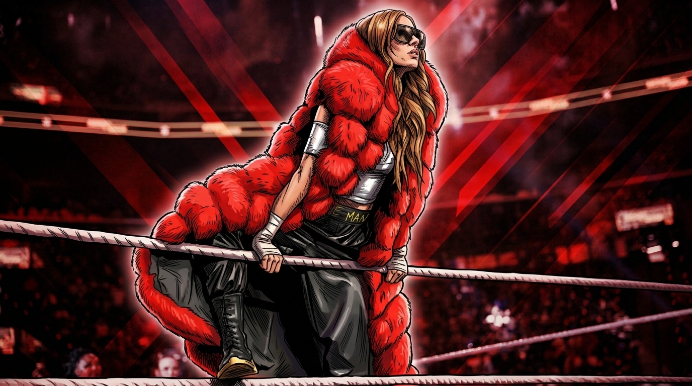 Comic-style illustration of Becky Lynch in a red fur-trimmed coat and black leather ring gear posed on the ring ropes, red geometric light-streak color wash over a blurred arena crowd background